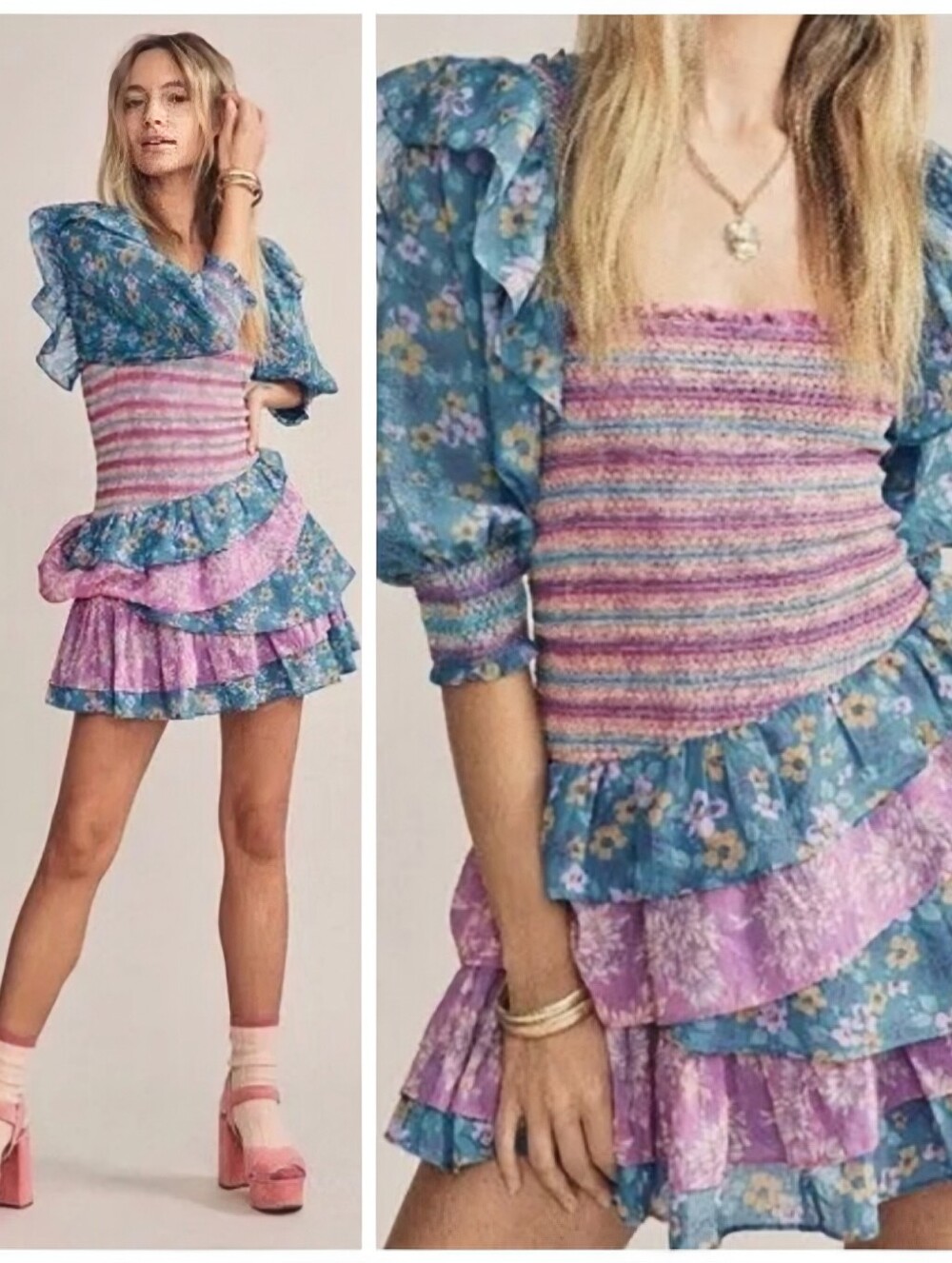 Yvonne & Love Floral Patchwork Smocked Mini Dress Pastel Women's Medium Bohemian